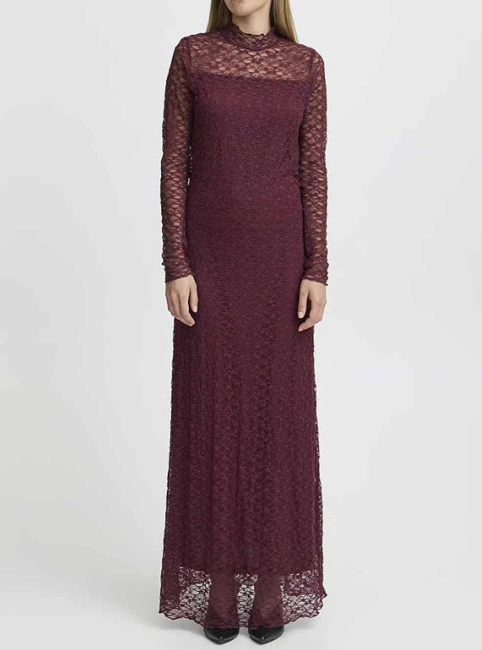 Ichi IHPERLA Burgundy Lace Mock Neck Maxi Dress Long Sleeve S